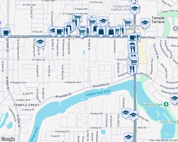 map of restaurants, bars, coffee shops, grocery stores, and more near 8501 North 50th Street in Tampa