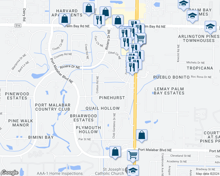 map of restaurants, bars, coffee shops, grocery stores, and more near 4311 Tree Ridge Lane Northeast in Palm Bay