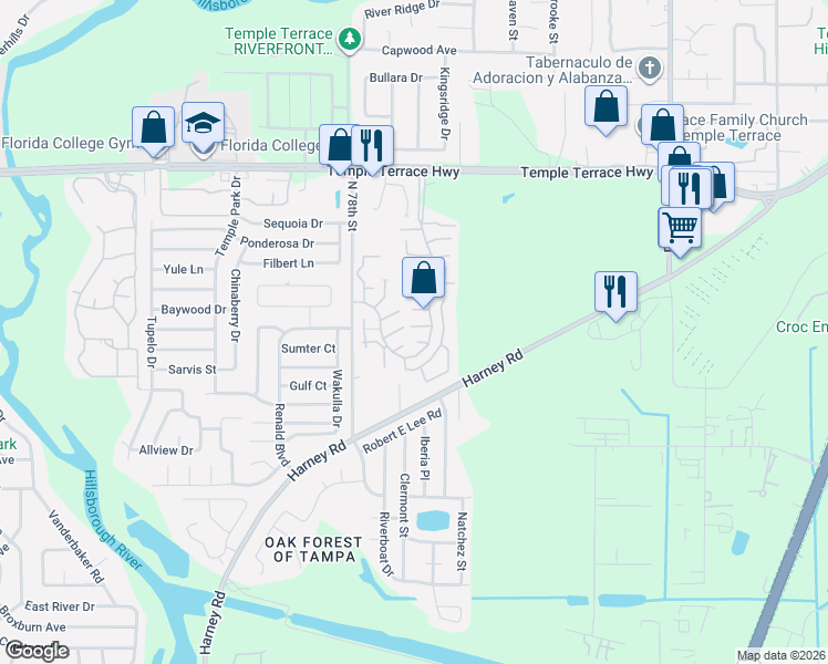 map of restaurants, bars, coffee shops, grocery stores, and more near 7906 Tangerine Drive in Temple Terrace