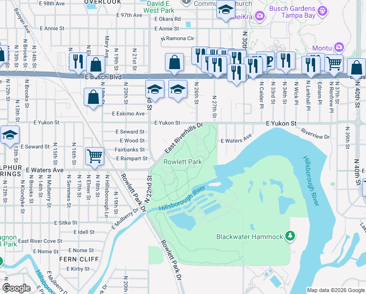 map of restaurants, bars, coffee shops, grocery stores, and more near 8570-8588 North 26th Street in Tampa