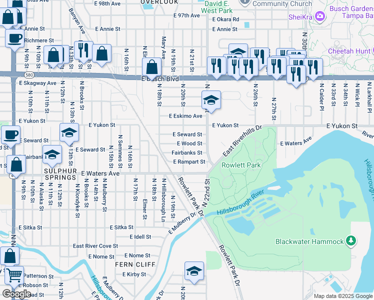 map of restaurants, bars, coffee shops, grocery stores, and more near 1823 East Wood Street in Tampa