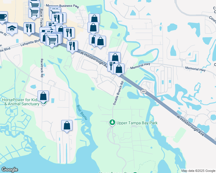 map of restaurants, bars, coffee shops, grocery stores, and more near 12720 Saddle Club Circle in Tampa