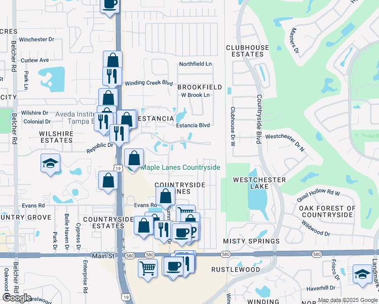 map of restaurants, bars, coffee shops, grocery stores, and more near 1901 Hammock Pine Boulevard in Clearwater