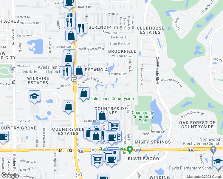 map of restaurants, bars, coffee shops, grocery stores, and more near 1901 Hammock Pine Boulevard in Clearwater