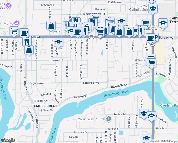 map of restaurants, bars, coffee shops, grocery stores, and more near 4811 Rock Fish Court in Tampa