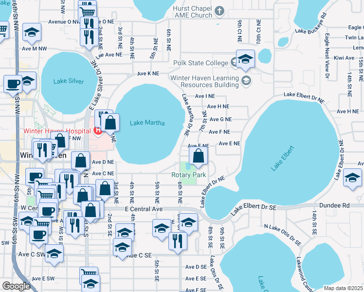 map of restaurants, bars, coffee shops, grocery stores, and more near 230 Ave East NE in Winter Haven