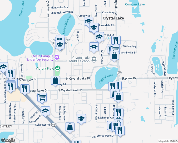 map of restaurants, bars, coffee shops, grocery stores, and more near 2333 Honey Drive in Lakeland