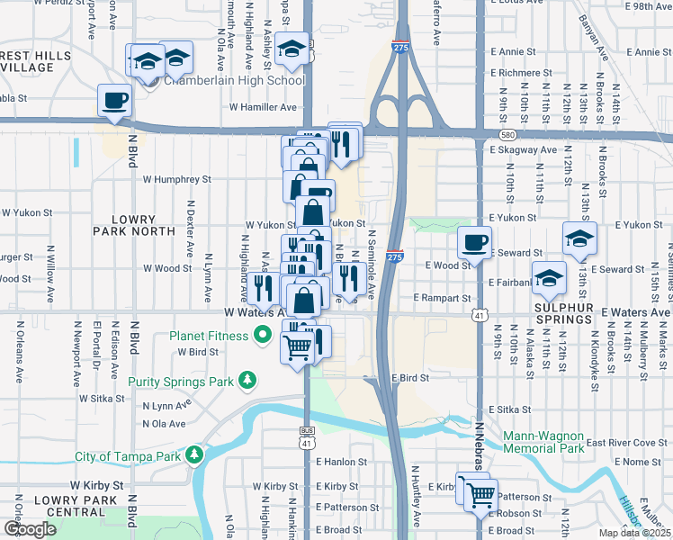 map of restaurants, bars, coffee shops, grocery stores, and more near 8506 North Branch Avenue in Tampa