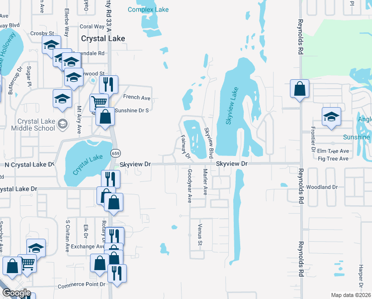map of restaurants, bars, coffee shops, grocery stores, and more near 1307 Fairway Drive in Lakeland