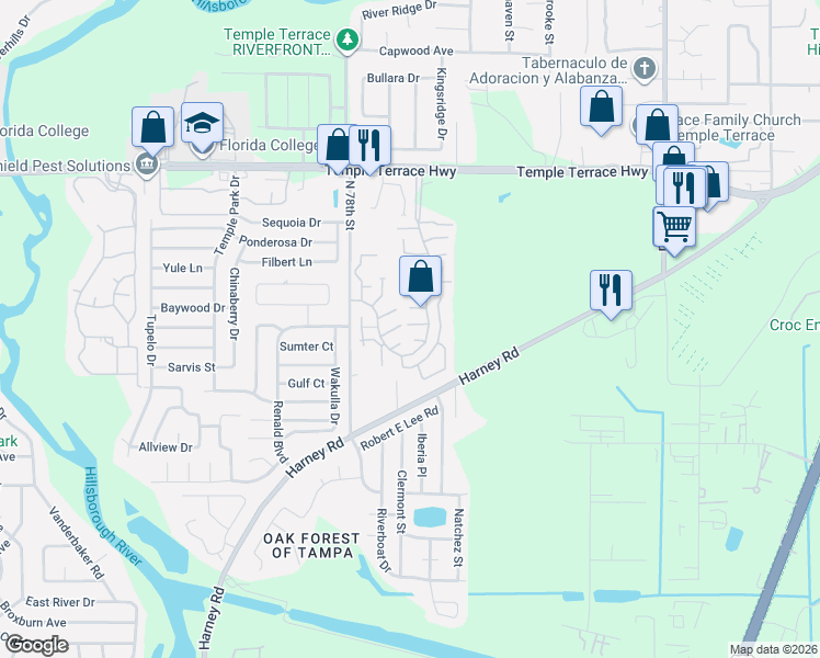 map of restaurants, bars, coffee shops, grocery stores, and more near 7907 Tangerine Drive in Temple Terrace
