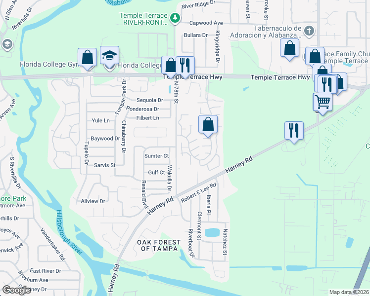 map of restaurants, bars, coffee shops, grocery stores, and more near 8427 Laurelon Place in Temple Terrace