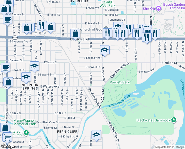 map of restaurants, bars, coffee shops, grocery stores, and more near 1823 East Wood Street in Tampa