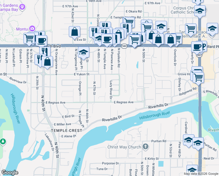 map of restaurants, bars, coffee shops, grocery stores, and more near 8505 North Temple Avenue in Tampa