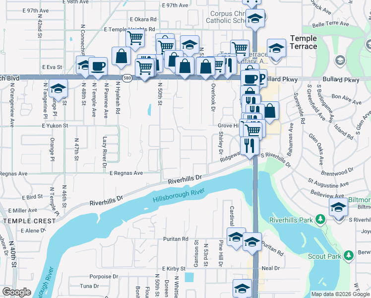 map of restaurants, bars, coffee shops, grocery stores, and more near 8412 Rio Bravo Court in Tampa