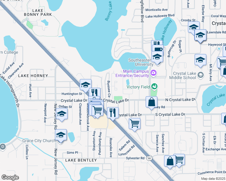 map of restaurants, bars, coffee shops, grocery stores, and more near 1180 North Crystal Lake Drive in Lakeland