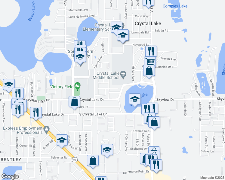 map of restaurants, bars, coffee shops, grocery stores, and more near 2315 Honey Drive in Lakeland
