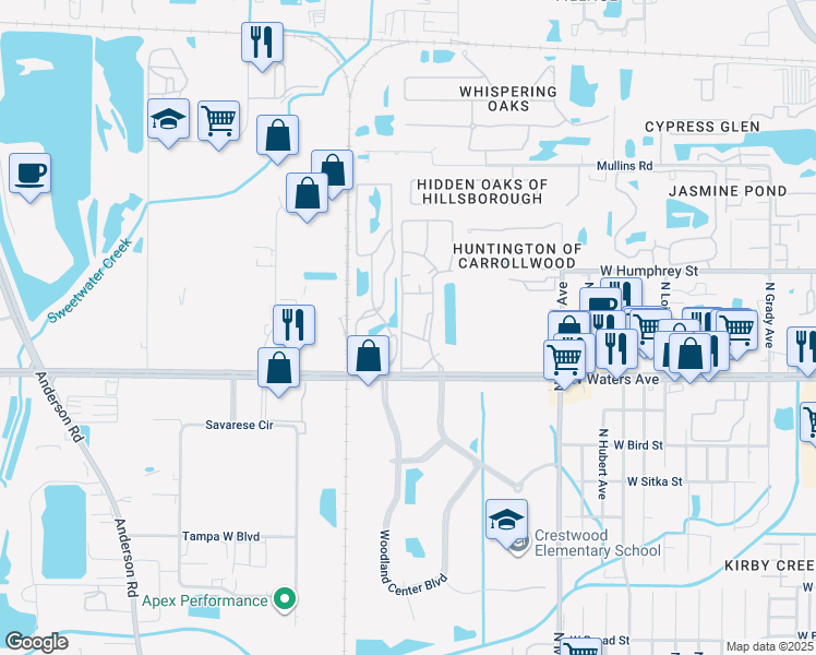 map of restaurants, bars, coffee shops, grocery stores, and more near 4733 West Waters Avenue in Tampa