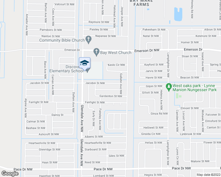 map of restaurants, bars, coffee shops, grocery stores, and more near 1535 Hardwicke Street Northwest in Palm Bay