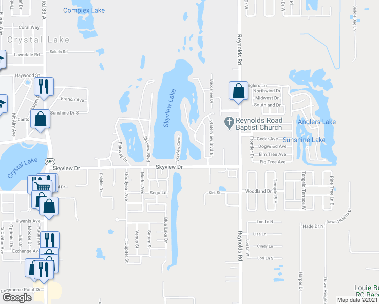map of restaurants, bars, coffee shops, grocery stores, and more near 3124 Skyview Drive in Lakeland