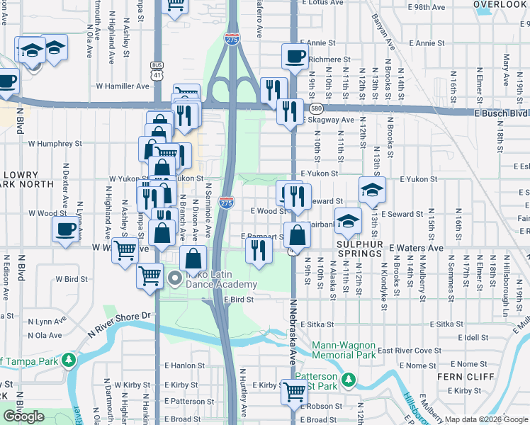 map of restaurants, bars, coffee shops, grocery stores, and more near 722 East Wood Street in Tampa