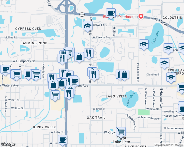 map of restaurants, bars, coffee shops, grocery stores, and more near 8501 North Himes Avenue in Tampa