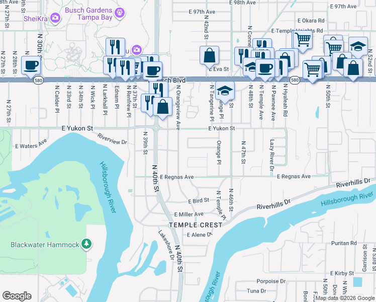 map of restaurants, bars, coffee shops, grocery stores, and more near 4214 East Sandalwood Circle South in Tampa