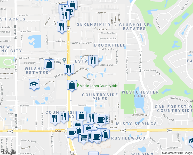 map of restaurants, bars, coffee shops, grocery stores, and more near 2404 Hammock Pine Boulevard in Clearwater