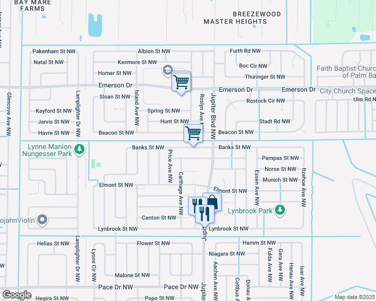 map of restaurants, bars, coffee shops, grocery stores, and more near 958 Banks Street Northwest in Palm Bay
