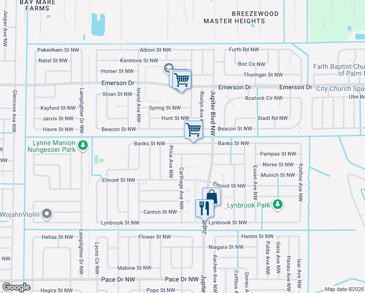 map of restaurants, bars, coffee shops, grocery stores, and more near 974 Banks Street Northwest in Palm Bay