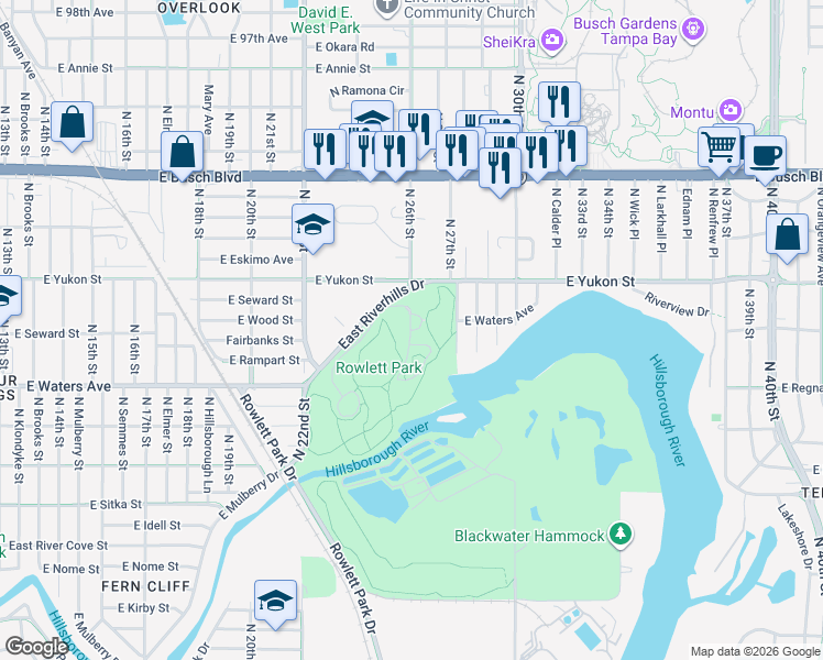 map of restaurants, bars, coffee shops, grocery stores, and more near 8570 North 26th Street in Tampa