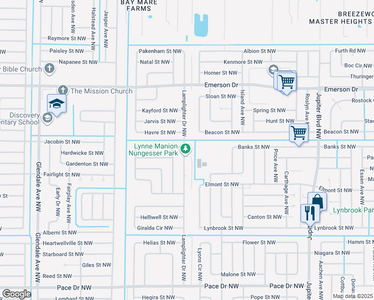 map of restaurants, bars, coffee shops, grocery stores, and more near 1191 Lamplighter Drive Northwest in Palm Bay