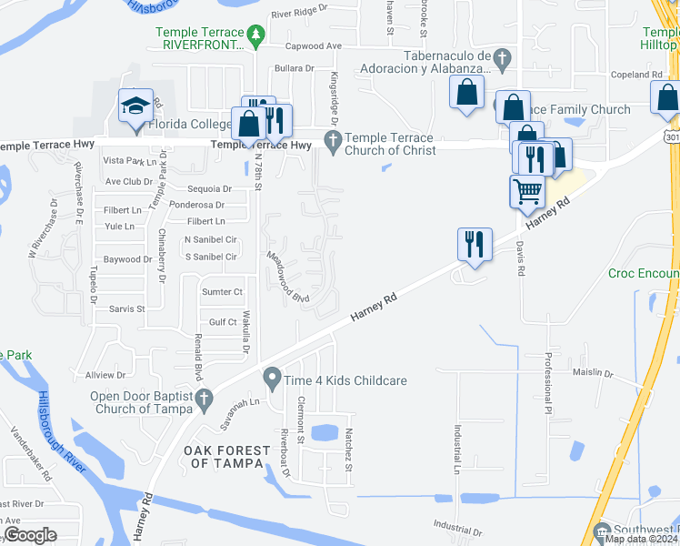 map of restaurants, bars, coffee shops, grocery stores, and more near 8615 Alexandra Arbor Lane in Temple Terrace