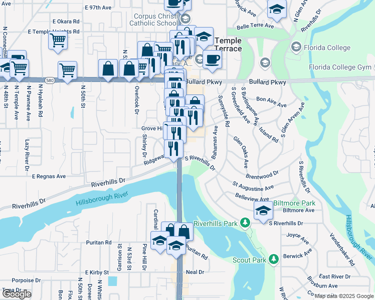 map of restaurants, bars, coffee shops, grocery stores, and more near 309-377 Springdale Place in Temple Terrace