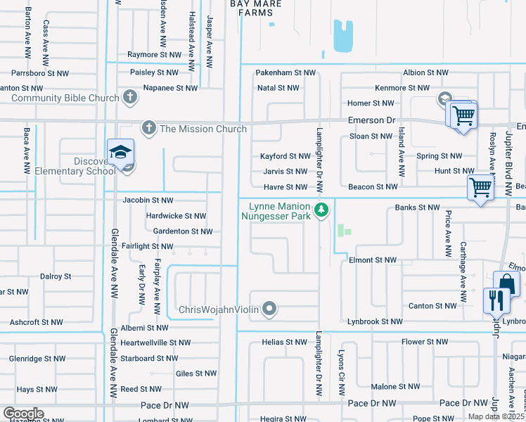 map of restaurants, bars, coffee shops, grocery stores, and more near 1360 Gilpin Street Northwest in Palm Bay