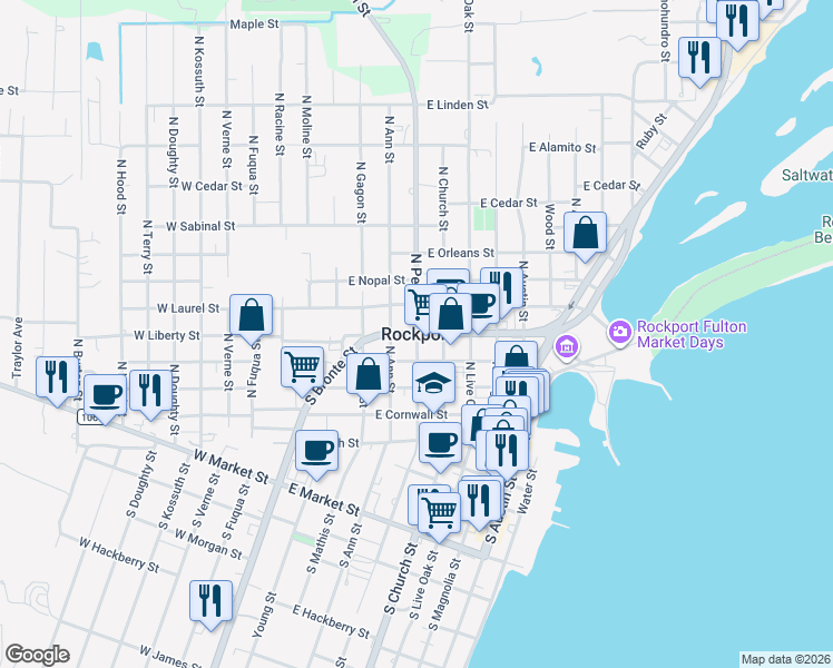 map of restaurants, bars, coffee shops, grocery stores, and more near in Rockport