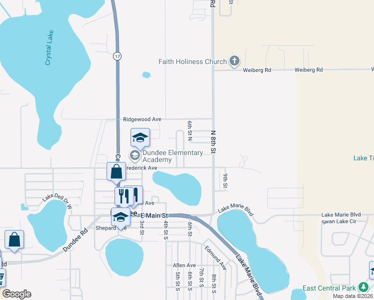 map of restaurants, bars, coffee shops, grocery stores, and more near 610 Adams Avenue in Dundee
