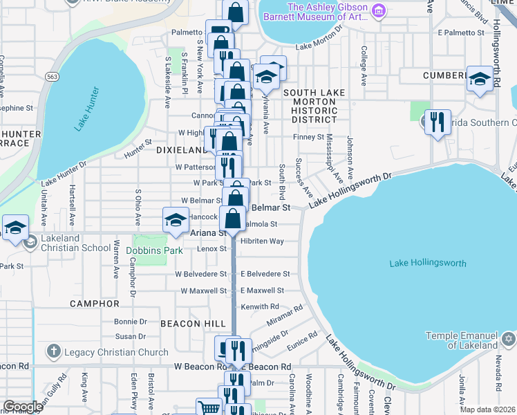 map of restaurants, bars, coffee shops, grocery stores, and more near 135 East Belmar Street in Lakeland