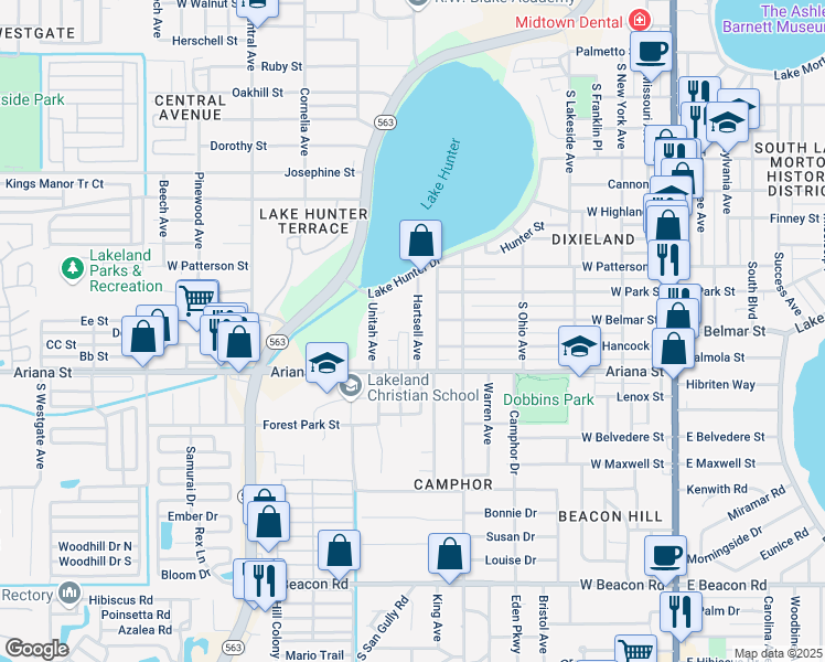 map of restaurants, bars, coffee shops, grocery stores, and more near 101 Lake Hunter Drive in Lakeland
