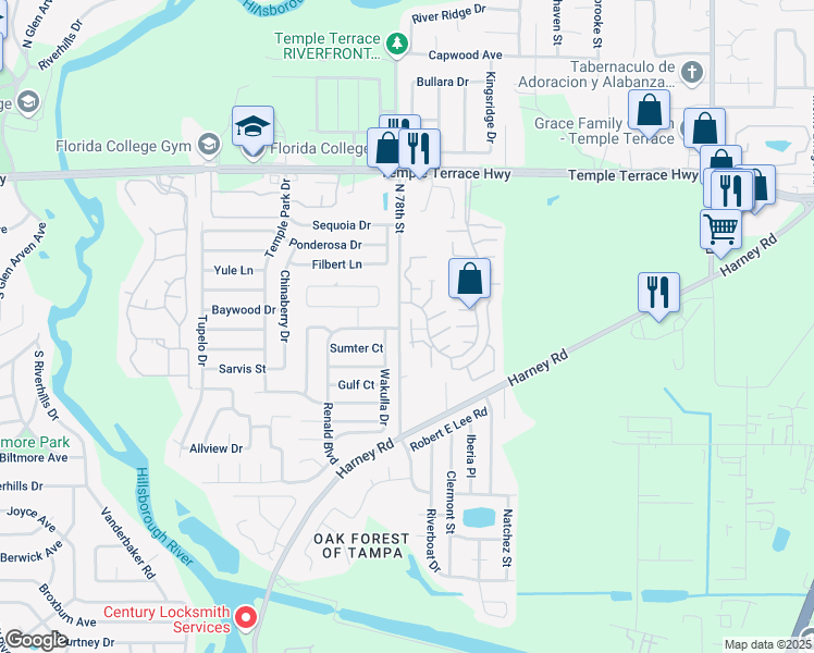 map of restaurants, bars, coffee shops, grocery stores, and more near 8427 Laurelon Place in Temple Terrace