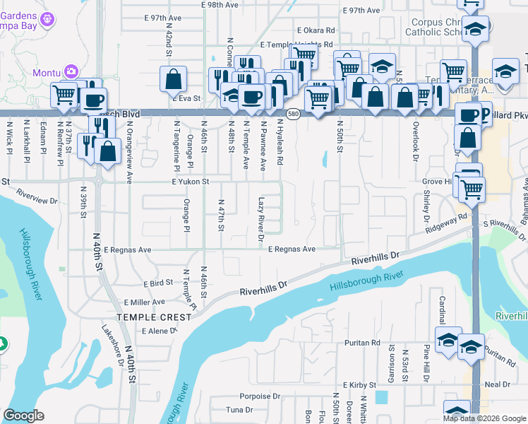 map of restaurants, bars, coffee shops, grocery stores, and more near 8505 North Temple Avenue in Tampa