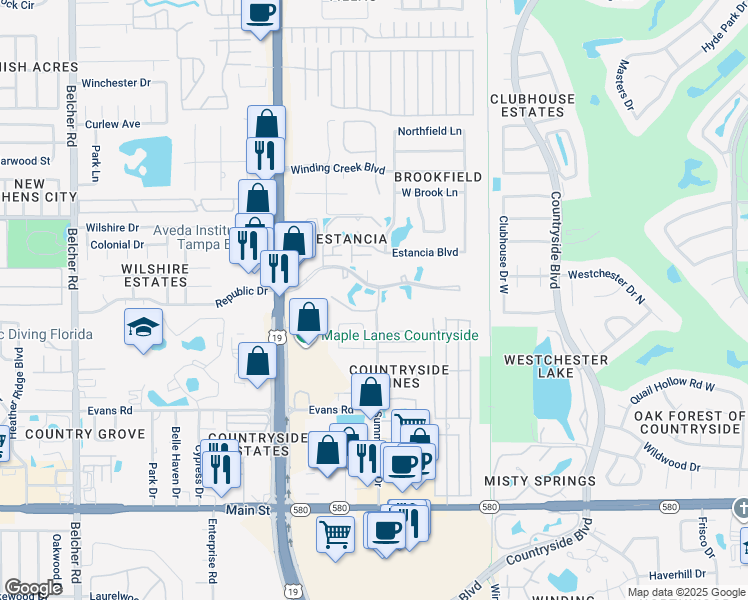 map of restaurants, bars, coffee shops, grocery stores, and more near 2504 Hammock Court in Clearwater