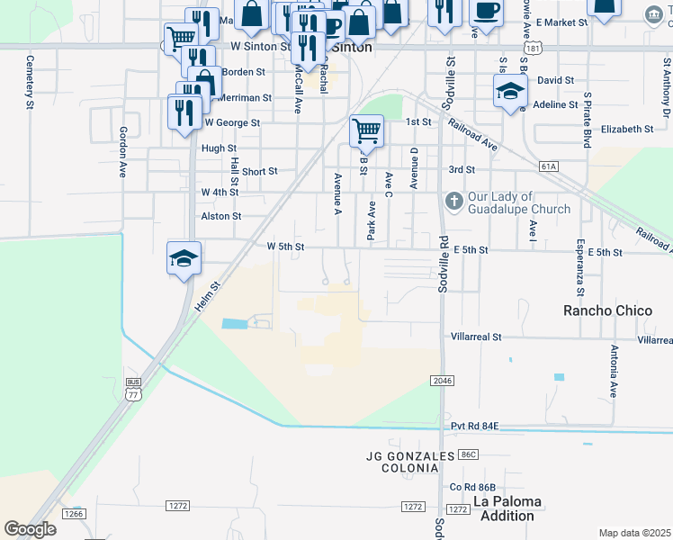 map of restaurants, bars, coffee shops, grocery stores, and more near 920 A Drive in Sinton