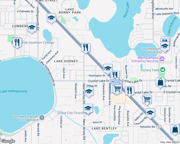 map of restaurants, bars, coffee shops, grocery stores, and more near 1625 Mockingbird Lane in Lakeland