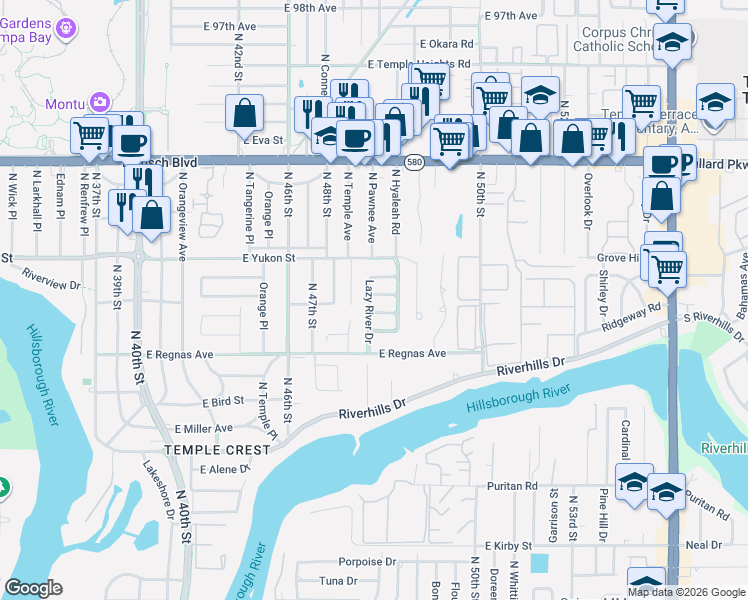 map of restaurants, bars, coffee shops, grocery stores, and more near 8505 North Temple Avenue in Tampa