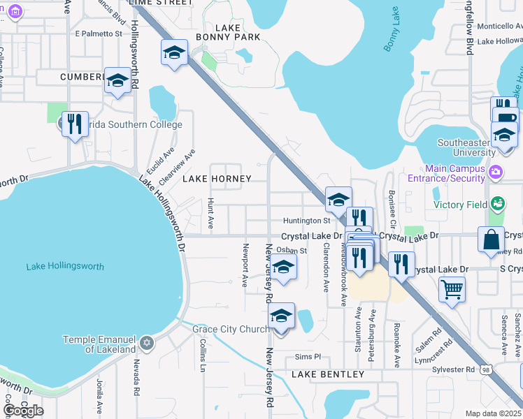 map of restaurants, bars, coffee shops, grocery stores, and more near 1541 Mockingbird Lane in Lakeland