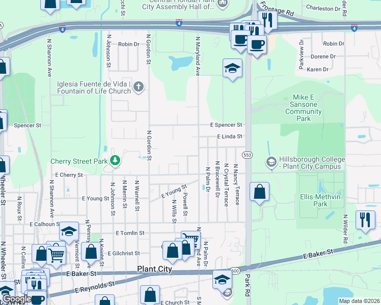 map of restaurants, bars, coffee shops, grocery stores, and more near 1502 East Mimosa Drive in Plant City