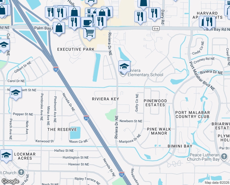 map of restaurants, bars, coffee shops, grocery stores, and more near 992 Tavernier Circle Northeast in Palm Bay