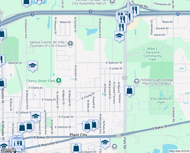 map of restaurants, bars, coffee shops, grocery stores, and more near 1502 East Mimosa Drive in Plant City