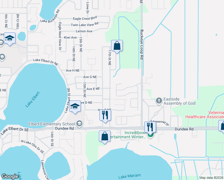 map of restaurants, bars, coffee shops, grocery stores, and more near 490 17th Street Northeast in Winter Haven