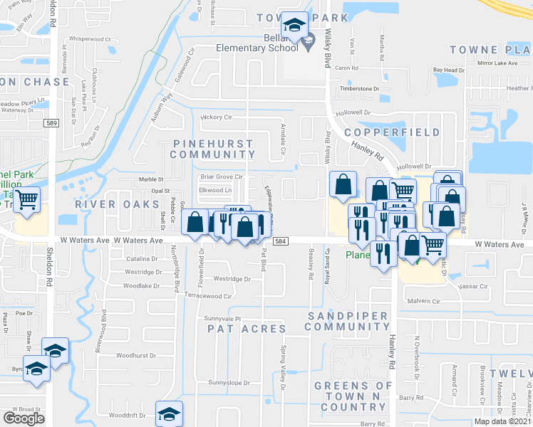 map of restaurants, bars, coffee shops, grocery stores, and more near 8410 Edgewater Place Boulevard in Tampa